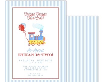 Printable Train Birthday Invitation | "Chugga, Chugga, Choo Choo!" | Grandmillenial, Preppy - INSTANT DOWNLOAD; Customizable; Print at HOME!