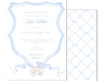 Printable Baby Boy Shower Invitation - Crest w/ Classic Carriage & Bow Trellis Backer - Instant Download, Edit your own Text, Print at HOME!