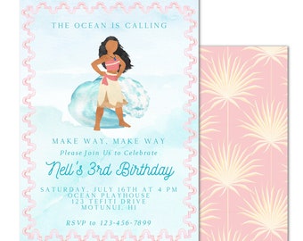 Könnte beinhalten: Eine blaue und rosa Einladung mit einer Cartoon-Illustration einer polynesischen Prinzessin, die auf einer Welle steht. Der Text lautet "The Ocean is Calling, Make Way, Make Way, Please Join Us to Celebrate Nell's 3rd Birthday, Saturday, July 16th at 4 PM, Ocean Playhouse, 123 Tefiti Drive, Motunui, HI, RSVP to 123-456-7899, Lulubee Paper Co."