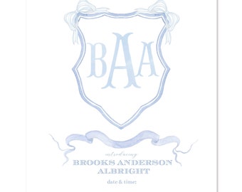 Watercolor Baby Boy Bassinet / Nursery Sign - Custom Monogram Crest Birth Announcement - Hospital Sign - 8x10 - Print at HOME!