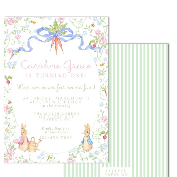 Watercolor Peter Rabbit Birthday Invitation - Girly Floral Flopsy Bunny / Peter Rabbit - First Birthday - INSTANT DOWNLOAD, Print at Home