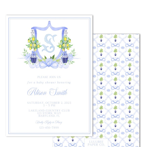 Printable Monogram Crest Lemon Chinoiserie Baby / Bridal Shower Invitation | 5 x 7 | Italy, Capri, Grandmillenial -  Print at Home