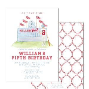 May include: A baseball-themed birthday party invitation with a watercolor illustration of a baseball field, a player wearing a jersey with the number 5, and the text "ITS GAME TIME!" and "WILLIAM'S FIFTH BIRTHDAY". The invitation includes the date, time, and location of the party, as well as a request to RSVP.