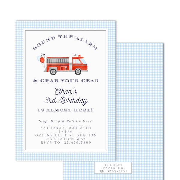 Printable Watercolor Firetruck Birthday Invitation - Sound the Alarm & Grab Your Gear - INSTANT DOWNLOAD; Customizable; Print at HOME!