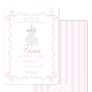 Printable Watercolor Classic Birthday Invitation - &quot;One Little Candle, One Little Cake, One Sweet Girl to Celebrate&quot;| 5x7 | INSTANT DOWNLOAD