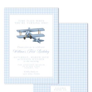 Printable Watercolor Airplane Birthday Invitation | 5x7 | &quot;Time Flies...&quot; Blue Gingham, Preppy Plane - INSTANT DOWNLOAD, Print at Home