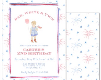 May include: Red, white, and blue birthday party invitation with a cartoon illustration of a boy holding a balloon and a small American flag. The invitation includes the text "Red, White & Two!" and "Carter's 2nd Birthday".