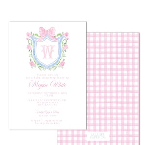 Printable Monogram Floral Crest Baby Shower Invitation - Baby Girl Shower, Watercolor, Grandmillenial - INSTANT DOWNLOAD, Print at Home