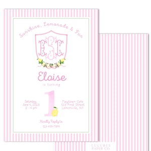 Printable Pink Lemonade Monogrammed Birthday Party Invitation | 5x7 | Pink Ticking Stripes with Bows, Grandmillenial - Print at Home!