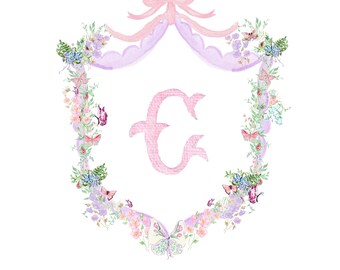 Baby Girl Watercolor Floral Butterfly Bow Monogram Crest |8x10 -Hospital Bassinet Name Announcement, Nursery Sign Art - Print from Home!