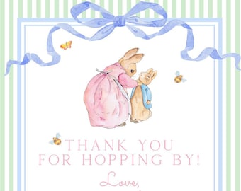 May include: A thank you card with a blue ribbon and two bunnies. The card says "Thank you for hopping by! Love, Darla Jane".