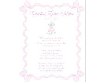 PRINTABLE Pink Birthday Cake Knife Poem - First Birthday | 8x10 | Watercolor, Grandmillenial, Preppy - INSTANT DOWNLOAD, Print at Home!