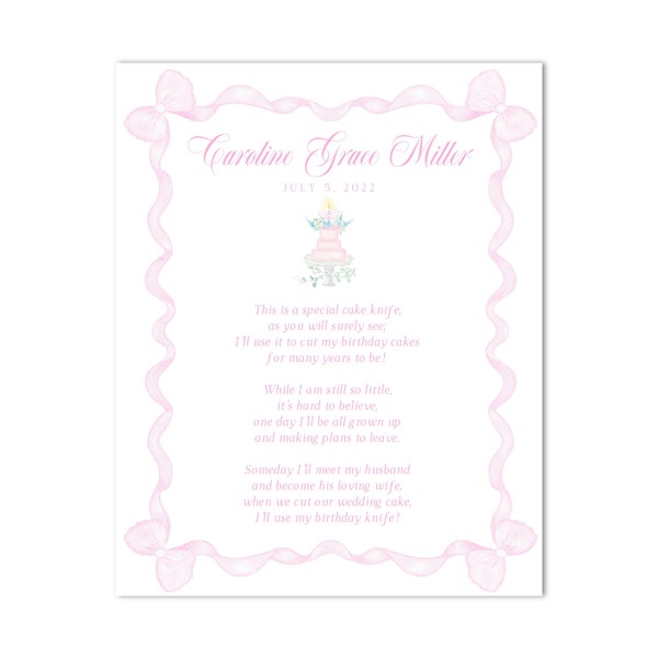 PRINTABLE Pink Birthday Cake Knife Poem - First Birthday | 8x10 | Watercolor, Grandmillenial, Preppy - INSTANT DOWNLOAD, Print at Home!