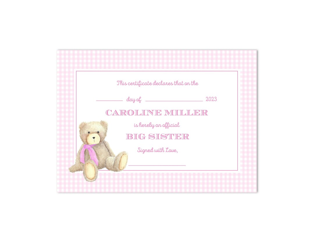 Printable Big Sister Certificate - Customizable, Big Sister Promotion ...