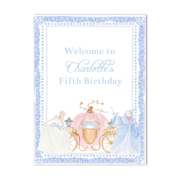 Printable Cinderella 18x24" Birthday Party Welcome Sign - Watercolor Artwork; Edit your own text - INSTANT DOWNLOAD, Print at Home