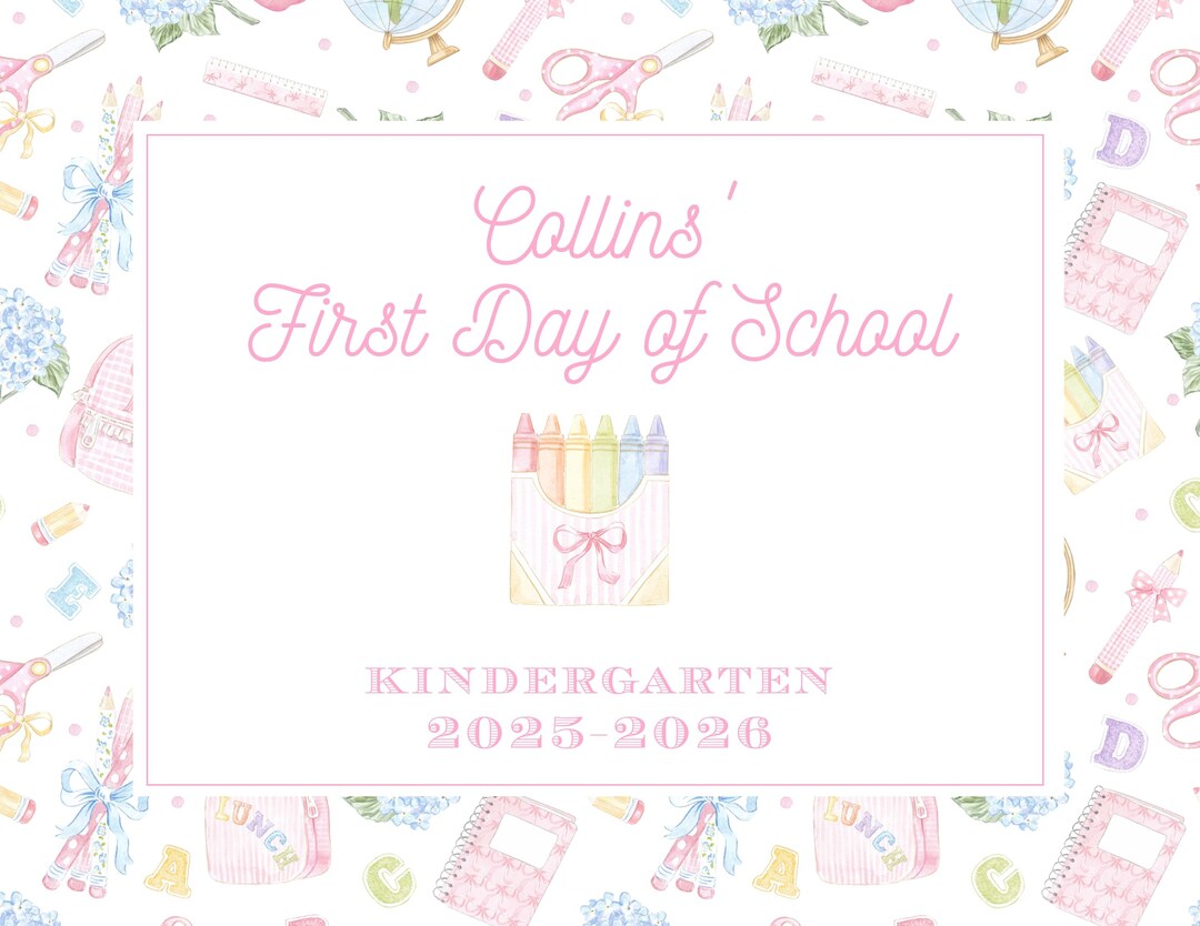 Printable First Day of School Sign - Watercolor Apple Bow Books -girls ...