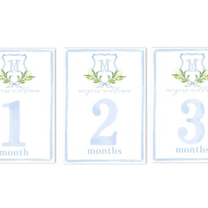 Juego de 12 tarjetas de hitos mensuales para bebés con monograma personalizado / 5 x 7 / ¡Imprima en casa!