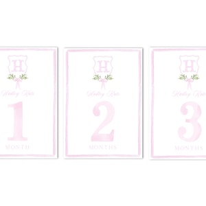 Ensemble imprimable de 12 cartes d'étape mensuelles personnalisées monogramme bébé | 5 x 7 po. | Écusson rose laurier ; bébé grand-millénaire ; preppy ; aquarelle