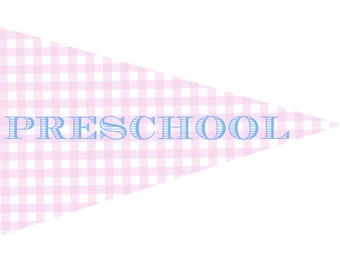 First Day of School Pennant - Pink Gingham w/ Light Blue Text - Preppy Back to School - INSTANT Download, Edit Text, Print at Home!