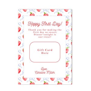 Printable Teacher First Day of School Dinner Gift Card Holder | 5x7 | Apple, Bows - Back to School - Instant Download, Print at Home