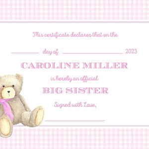 Printable Big Sister Certificate - Customizable, Big Sister Promotion ...