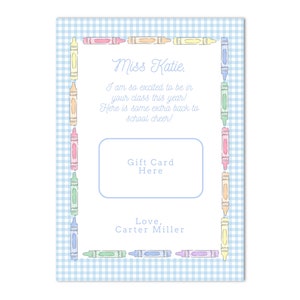 Porta carte regalo stampabile per il primo giorno di scuola dell'insegnante / 5x7 / Pastelli a cera - Ritorno a scuola; Preppy - Download immediato, stampa a casa