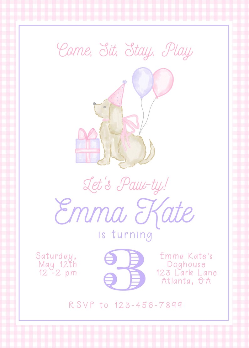 Printable Pink Puppy Birthday Invitation: Paw-ty Theme (5x7, Instant ...