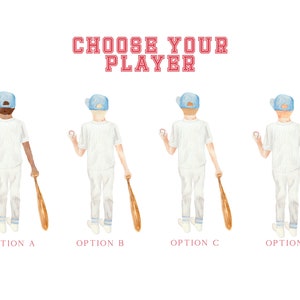 May include: Four watercolor illustrations of baseball players, each with a different pose and a baseball bat. The text "CHOOSE YOUR PLAYER" is at the top of the image. The options are labeled A, B, C, and D.