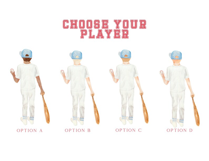 May include: Four watercolor illustrations of baseball players, each with a different pose and a baseball bat. The text "CHOOSE YOUR PLAYER" is at the top of the image. The options are labeled A, B, C, and D.