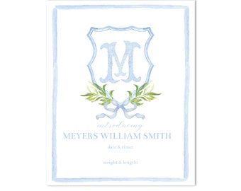 Watercolor Baby Boy Bassinet / Nursery Sign - Custom Monogram Crest Birth Announcement - Hospital Sign - 8x10 - Print at HOME!