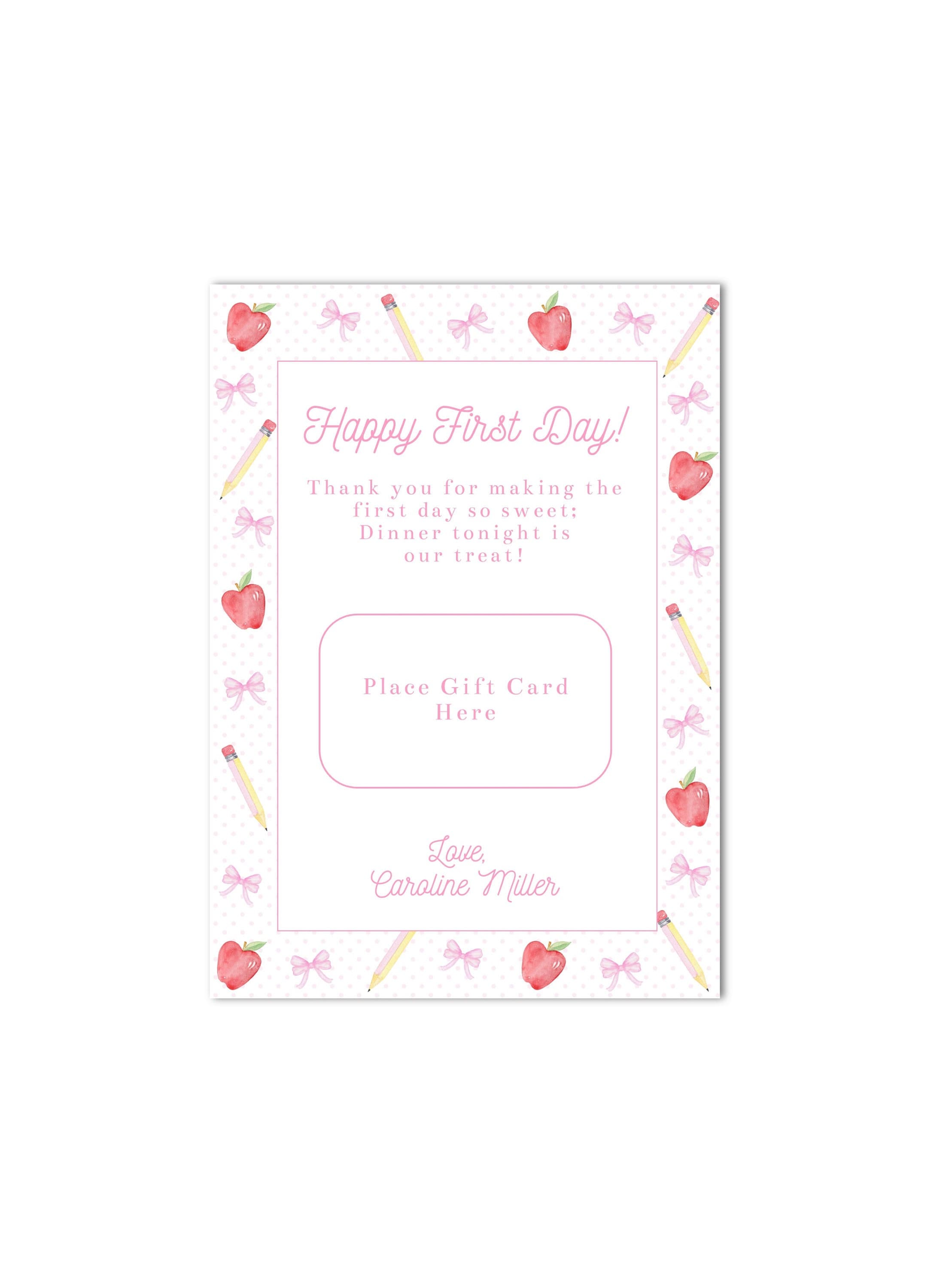 Printable Teacher First Day of School Dinner Gift Card Holder | 5x7 ...