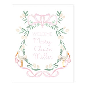 Baby Girl Watercolor Pink Stork Crest | Printable | 8x10 - Gender Neutral, Hospital Name Sign, Baby Shower Decor - INSTANT DOWNLOAD