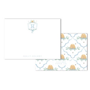 Printable Honey Bee Monogram Crest Flat Note Card; Trellis Backer | Grandmillenial, Watercolor, Baby Shower, Monogram Stationary, Preppy