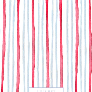 May include: A seamless pattern of red and light blue watercolor stripes on a white background. The text "LULUBEE PAPER CO." is in the center of the image.