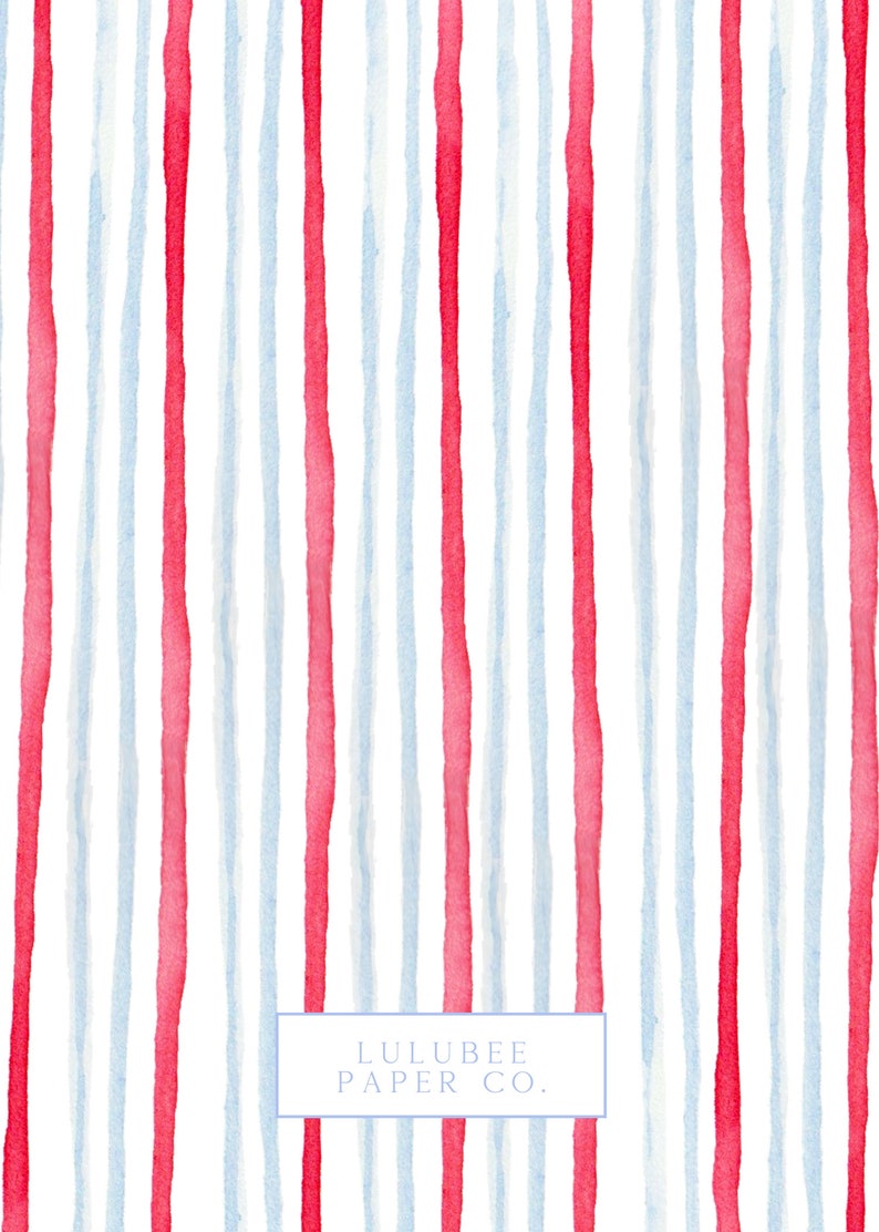 May include: A seamless pattern of red and light blue watercolor stripes on a white background. The text "LULUBEE PAPER CO." is in the center of the image.