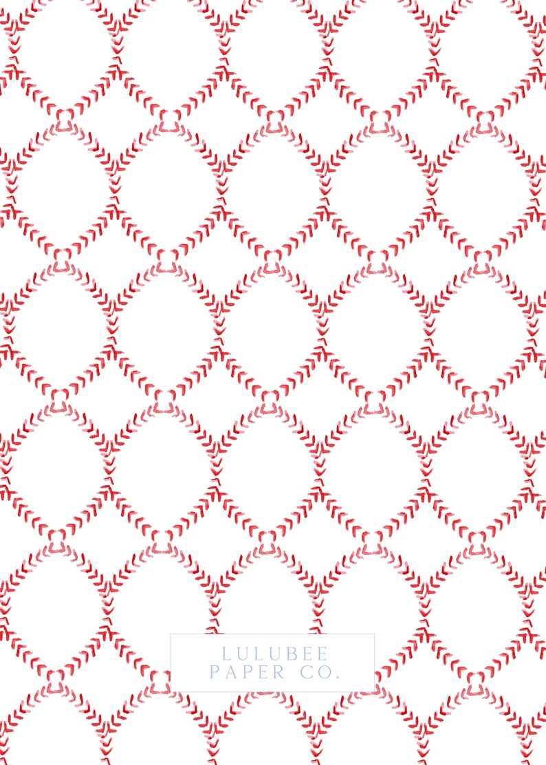 May include: A white background with a repeating pattern of red baseball stitch designs. The text "LULUBEE PAPER CO." is in the center of the image.