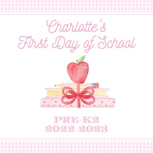 Printable First Day of School Sign - Watercolor Apple Bow Books -Girls Pink Gingham | 11x8.5" | Preschool Back to School - INSTANT Download!