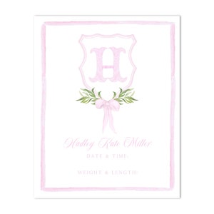Printable Watercolor Baby Girl Bassinet / Nursery Sign | 8x10 | Custom Monogram Crest Birth Announcement - Hospital Sign - Print at HOME!