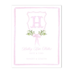 Printable Watercolor Baby Girl Bassinet / Nursery Sign | 8x10 | Custom Monogram Crest Birth Announcement - Hospital Sign - Print at HOME!