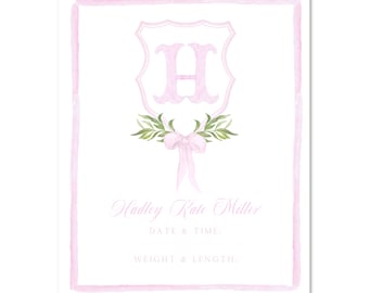 Printable Watercolor Baby Girl Bassinet / Nursery Sign | 8x10 | Custom Monogram Crest Birth Announcement - Hospital Sign - Print at HOME!