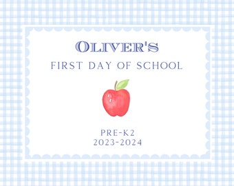 Printable First Day of School Sign - Watercolor Blue Gingham with Apple | 11x8.5" | Preschool Back to School - INSTANT Download!