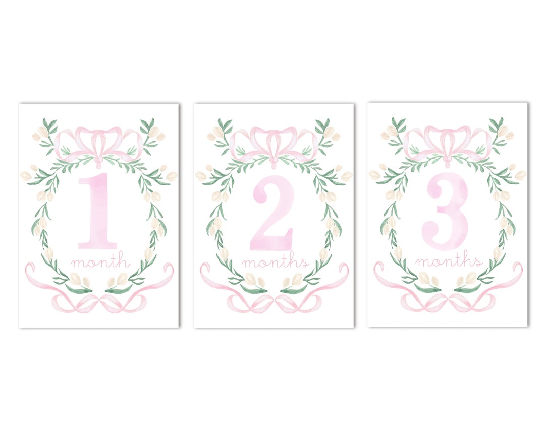 Printable Set of 12 Pink Floral Crest Baby Monthly Milestone Cards | 5 ...