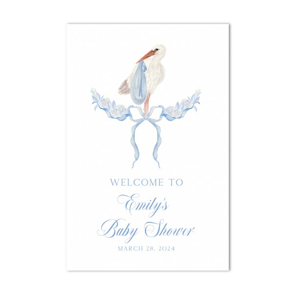 Printable 24x36" Blue Stork Baby Shower Welcome Sign | Grandmillenial, Watercolor Stork, Bows, Preppy, Classic - INSTANT DOWNLOAD!
