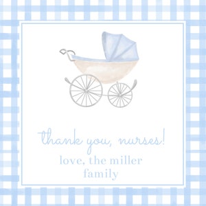 Baby Boy Gift Tag - Blue Watercolor Gingham with Carriage - Welcome to the World - Customizable, Print at Home, INSTANT DOWNLOAD!