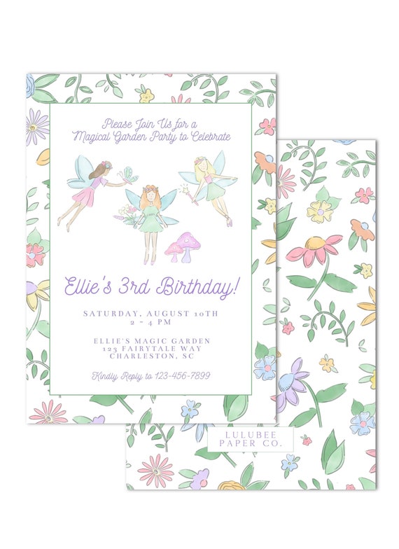 Watercolor Fairy Garden Birthday Invitation | 5x7" | Floral Fairies, Pastel, Grandmillenial, Preppy -  INSTANT DOWNLOAD, Print at Home