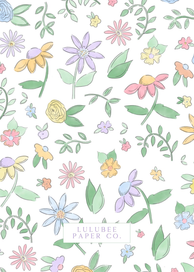 Puede incluir: Un patr&oacute;n sin costuras con flores y hojas de color pastel sobre un fondo blanco. Las flores son de varias formas y tama&ntilde;os, incluyendo margaritas, rosas y otros dise&ntilde;os florales. El texto "LULUBEE PAPER CO." est&aacute; en el centro de la imagen.