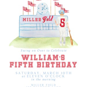 May include: A baseball-themed birthday invitation with a watercolor illustration of a baseball field, a player, and the text "ITS GAME TIME!"  "MILLER Field"  "5"  "Swing on Over to Celebrate"  "WILLIAM'S FIFTH BIRTHDAY"  "SATURDAY, MARCH 10TH at ELEVEN O'CLOCK in the morning"  "MILLER FIELD 123 DIAMOND LANE ROOKIE. TN"  "Kindly Reply to 123-456-7899"
