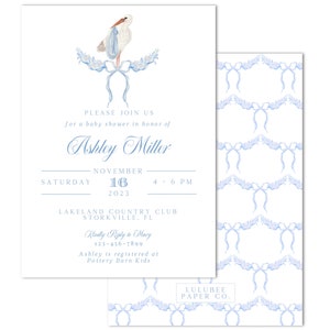 Printable Watercolor Stork Baby Boy Shower Invitation - Blue Bow Trellis - Grandmillenial - INSTANT DOWNLOAD; Customizable; Print at HOME!