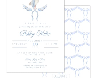 Printable Watercolor Stork Baby Boy Shower Invitation - Blue Bow Trellis - Grandmillenial - INSTANT DOWNLOAD; Customizable; Print at HOME!