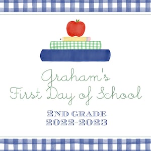 First Day of School Sign - Watercolor Books Navy Gingham - Preppy Preschool Back to School - INSTANT Download, Edit Text, Print at Home!